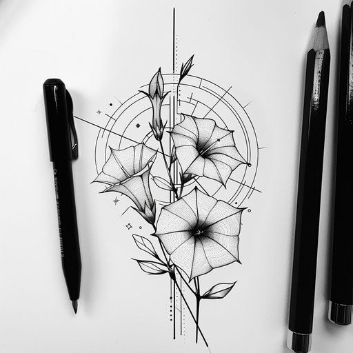 Geometric tattoo sketch with morning glory flowers