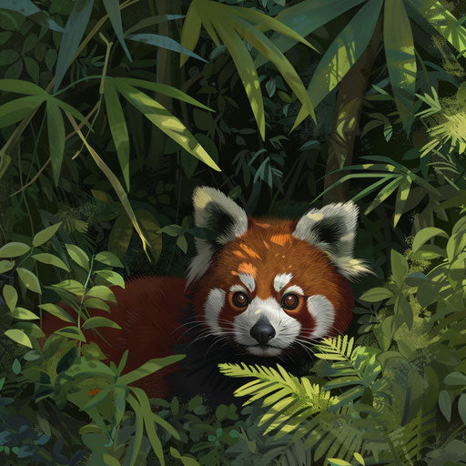 A red panda peering curiously from behind a bush in a lush jungle