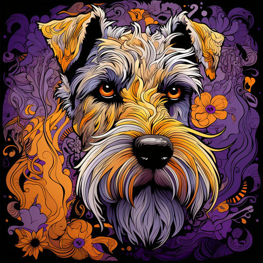 Schnauzer dog in stylized drawing pattern violet and amber