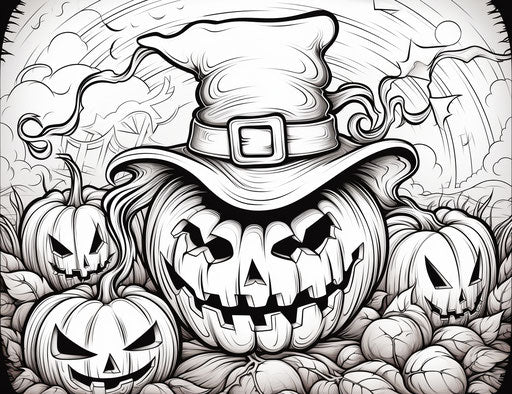 Cute Halloween pumpkin coloring page in detailed style