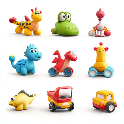 3D toys in photo realistic style with a flat white background, isolated clipart