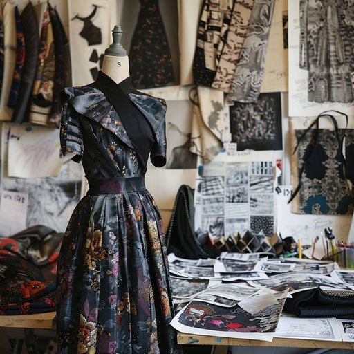 Creating business images of a fashion designer in a studio surrounded by fabrics and sketches.