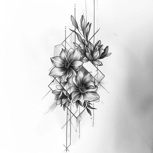 Botanical geometric floral tattoo design in white