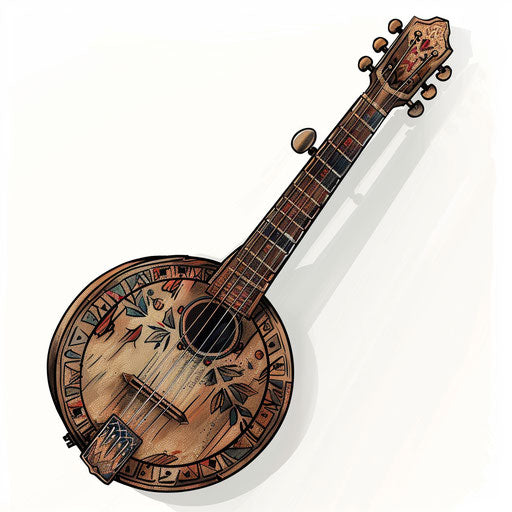 Rustic tattoo sketch of a banjo with traditional folk patterns, earth tones, clipart flat style