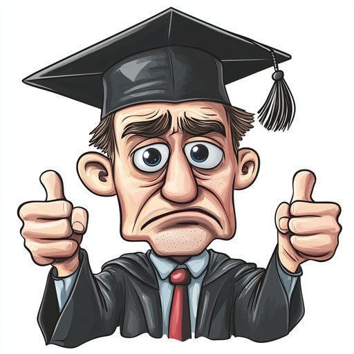 Humorous caricature of a graduation cap with big eyes and thin arms