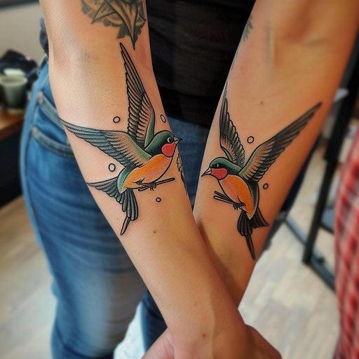 Mother and daughter tattoos of vintage swallows