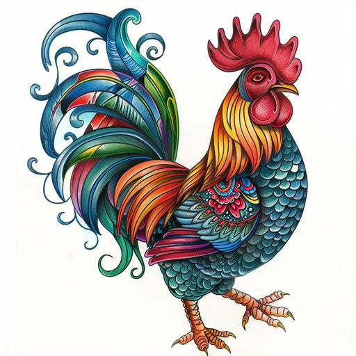 Cartoonish rooster tattoo artwork, colorful and playful