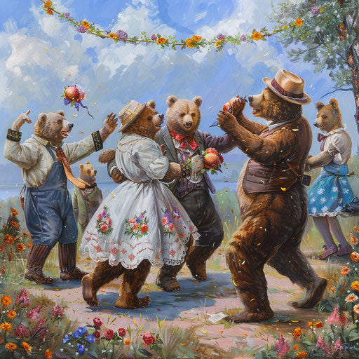 Festive scene of bears celebrating the arrival of spring with a dance
