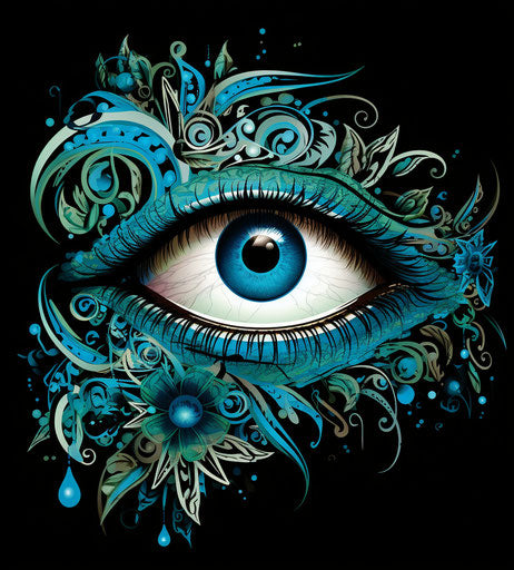 Ethnic tattoo of eye with floral motifs, light black and aquamarine style