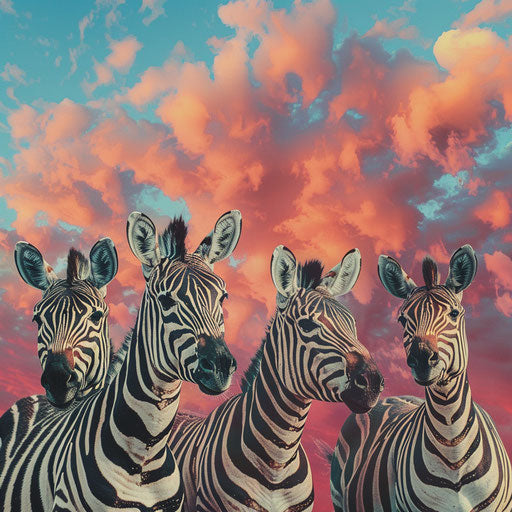 Zebras against a colorful sky, dynamic and vibrant