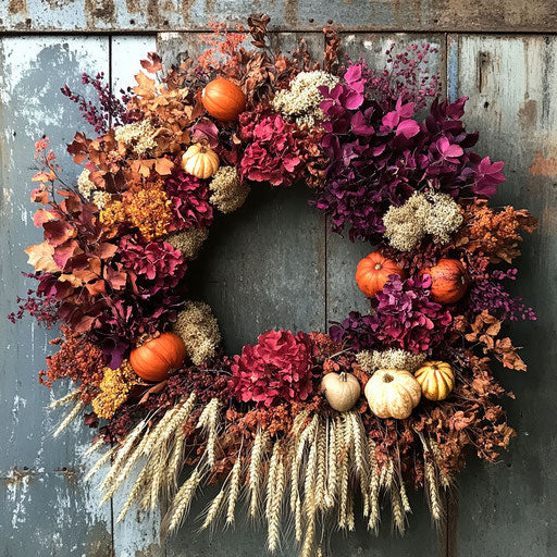 Wreath of dried flowers in deep autumnal hues