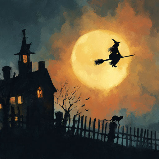 Spooky Halloween Night with a Witch and Haunted House