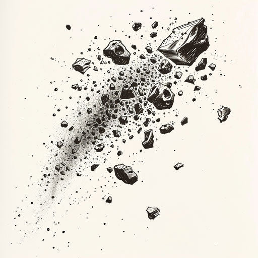 Stylish tattoo sketch of an asteroid belt with tiny detailed asteroids in monochrome