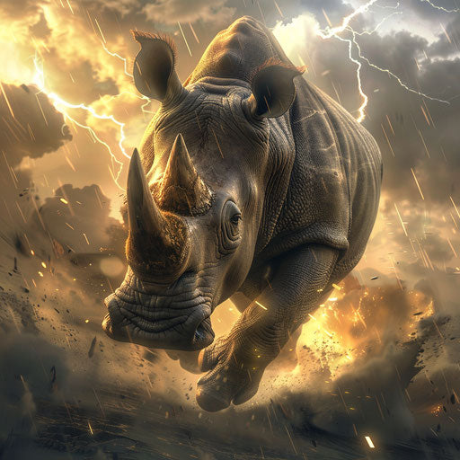 A rhino charging through the storm, illuminated by lightning