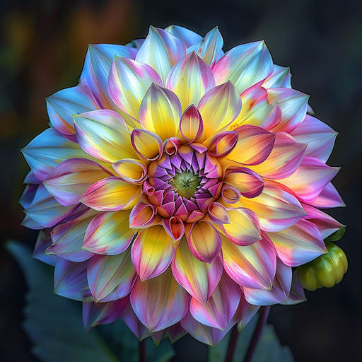 Dahlia flower in pink, yellow, red, blue, light yellow and dark bronze style