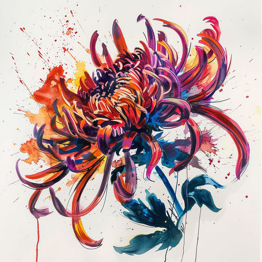 Expressionist tattoo art of a November birth flower, chrysanthemum, with dramatic brush strokes and vibrant colors on a white background.