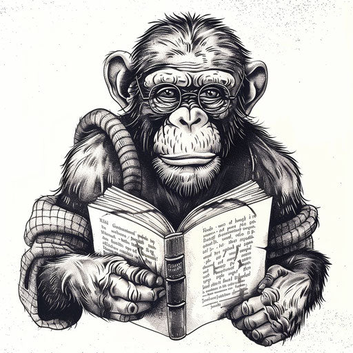 Illustration monkey reading book, quirky tattoo design earth tones
