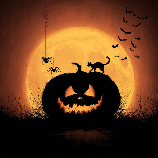 Illuminated pumpkin with humorous creatures around