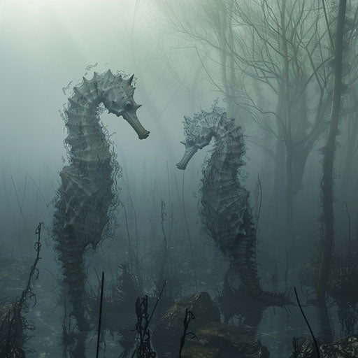 Seahorses in a foggy underwater forest, mystical and quiet