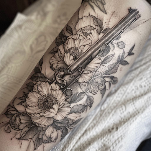 Historic musket and peonies tattoo in grayscale on white rice paper