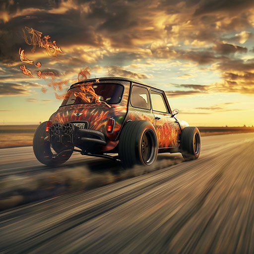 Flaming Hotrod Mini Cooper on Abandoned Airstrip