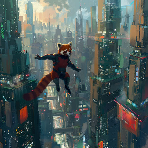 Futuristic city with flying superhero panda
