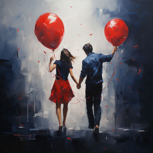 loving couple with balloons, in the style of light navy and red, gesture driven, poignant