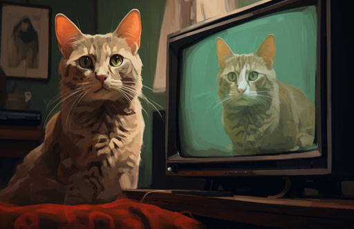 The cat gazes over the couch into a television