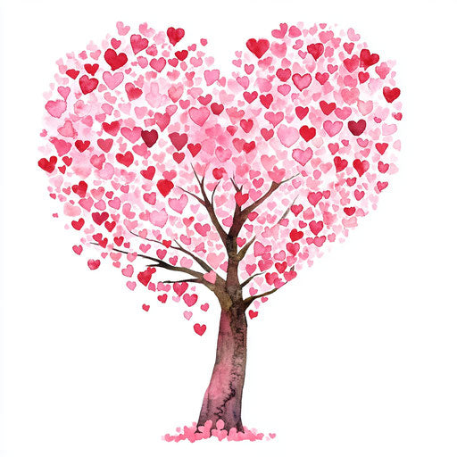 Pink heart-shaped tree with hearts leaves