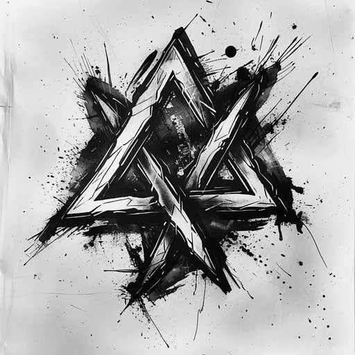 Dynamic tattoo sketch of Valknut with ink splashes