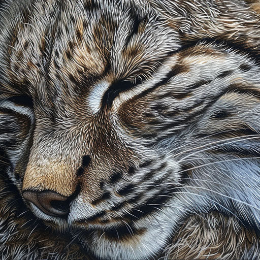 Detailed portrait of a lynx's whiskered face, emphasizing the texture and patterns of its fur.