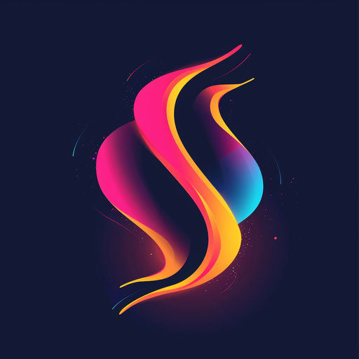 Neon logo with dynamic shapes and bright colors on dark background