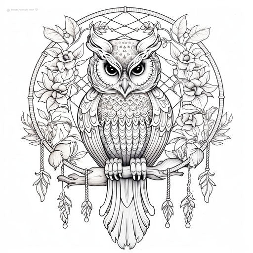 Owl in a dreamcatcher, coloring book, adult