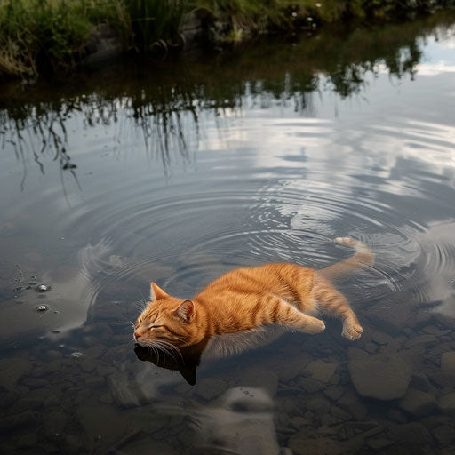 Brown cat swimming in a lake by the shore