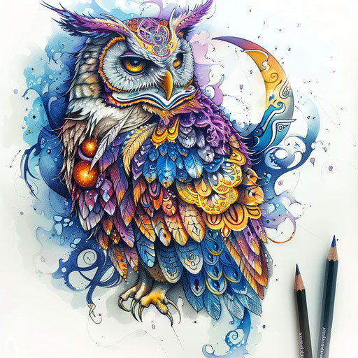 Mystical owl tattoo sketch with crescent moon, intricate details, vibrant colors