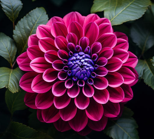 Dark red dahlia flower on green leaves, navy and magenta style
