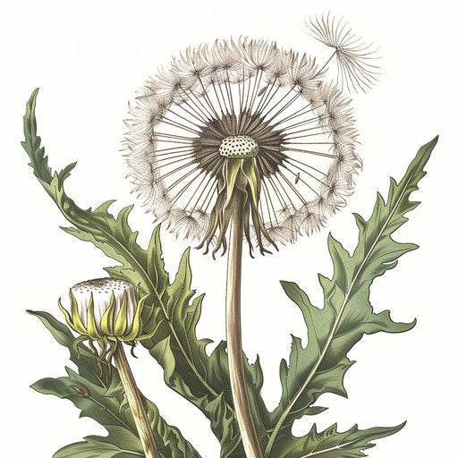 Vintage botanical illustration of a dandelion turned into tattoo design on white background