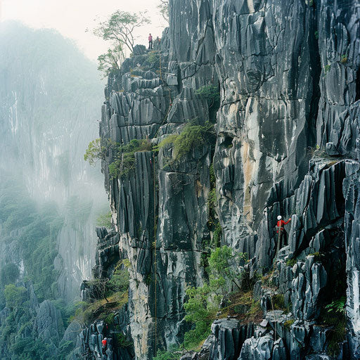 Marble Mountain, Vietnam with climbers ascending, rugged cliffs