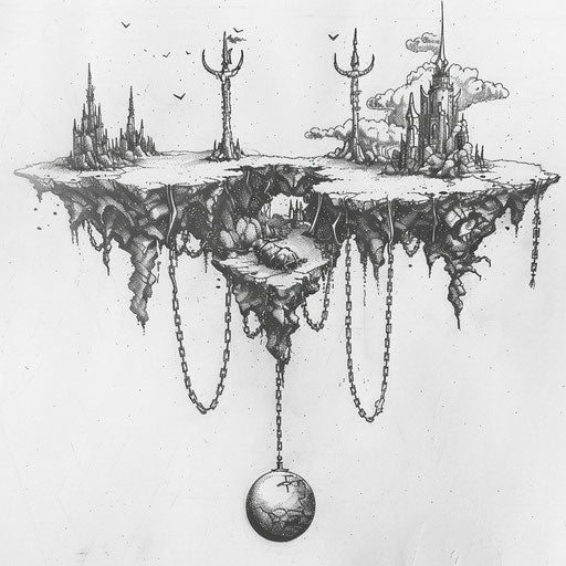 Surreal flat tattoo sketch of a fantastical version of hell