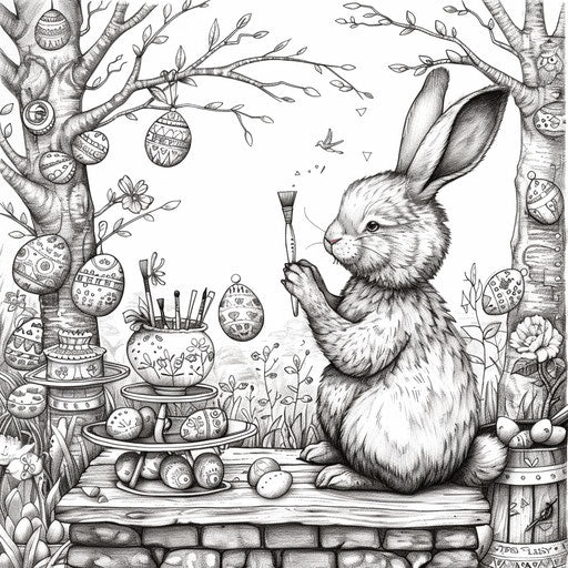 A bunny paints Easter eggs
