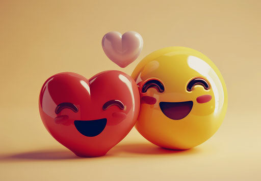 Two smiling emotions holding a heart with the words love my heart