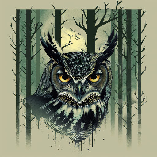 Creepy tattoo sketch of an owl with piercing eyes in a haunted forest