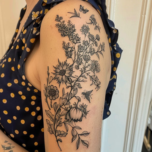 Botanical illustrations armband tattoo on the upper arm