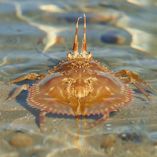 Horseshoe crab with clear reflections in shallow water