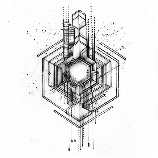 Futuristic flat tattoo sketch featuring hexagon and digital circuit patterns