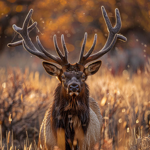 A close-up of an elk with dew-covered antlers in the soft morning light