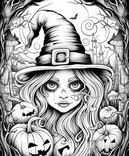 Black and white Halloween coloring page, playful texture use