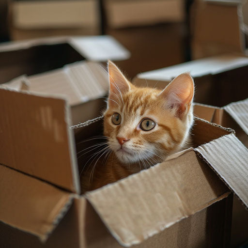 Adorable orange cat in boxes, quirky expressions style