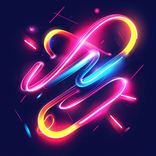 Neon logo with dynamic shapes and bright colors on dark background