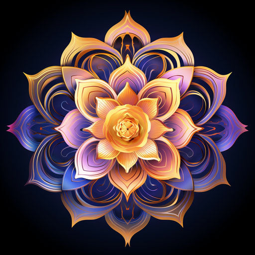 Blue lotus hand drawn with an om at the center in pink and orange